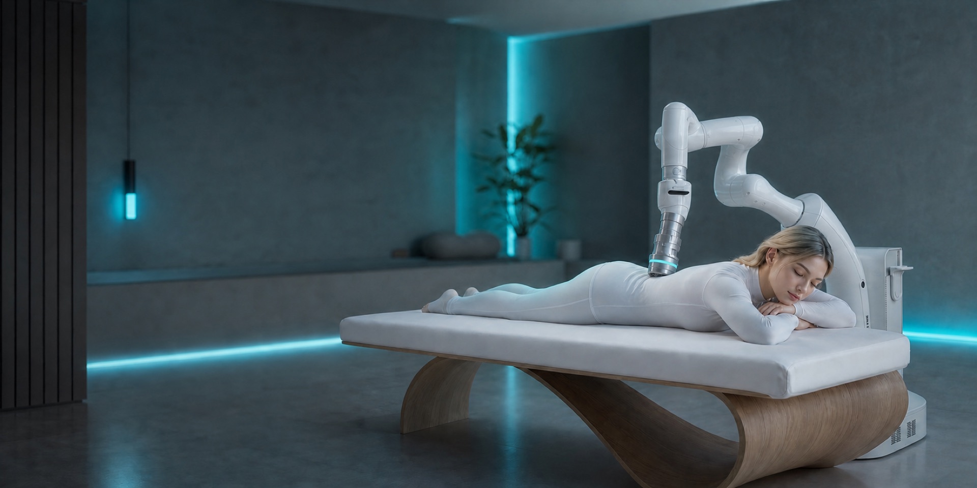 Cedeno R2 robotic massage arm giving a back massage to a European wellness customer
