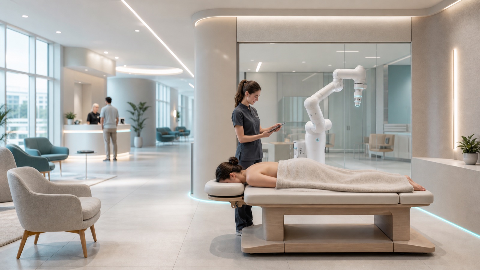 R2 robotic massage arm in a community service center