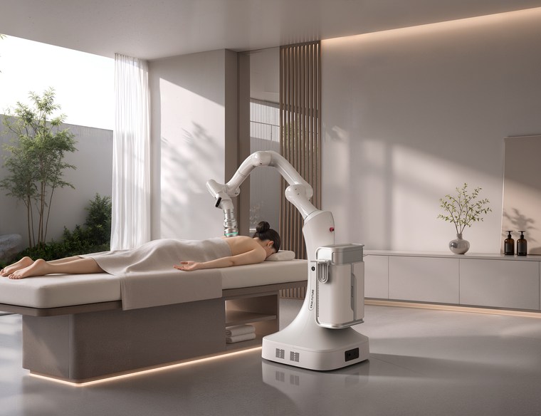R2 robotic massage arm in a hotel wellness room