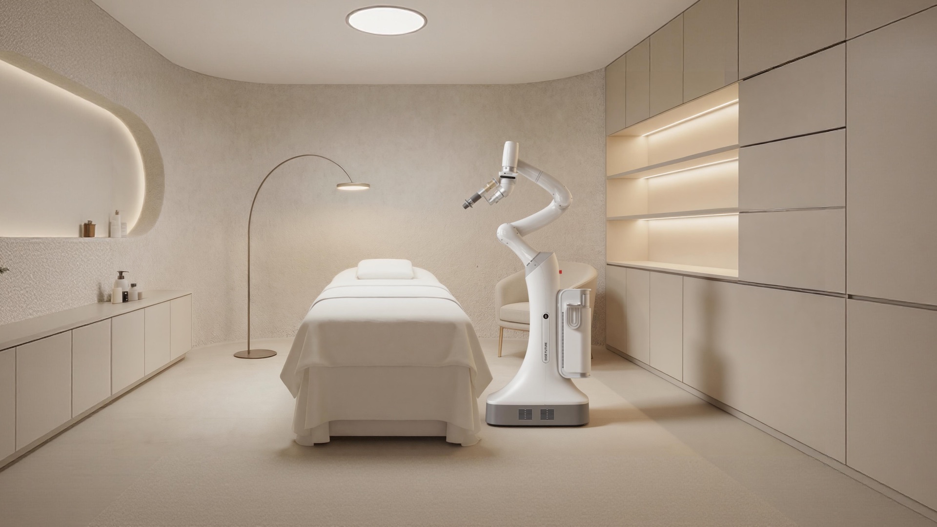 R2 robotic massage arm for relaxation massage in a salon room