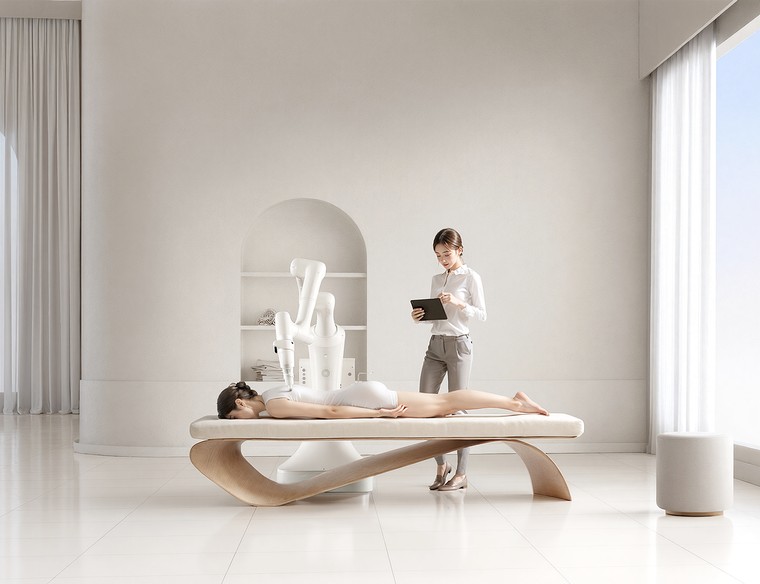 R2 robotic massage arm in a wellness center room